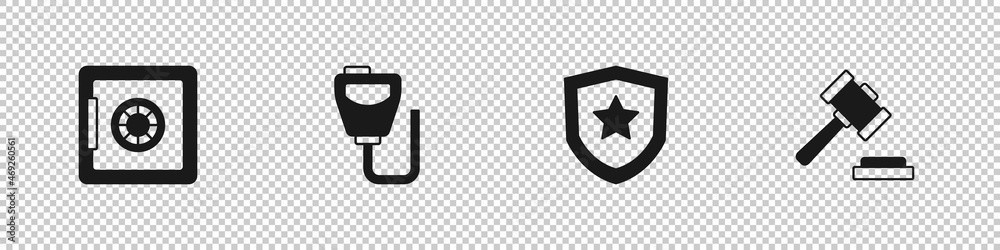 Set Safe, Walkie talkie, Police badge and Judge gavel icon. Vector Set Safe, Walkie talkie, Police badge and Judge gavel icon. Vector