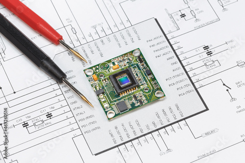 Image sensor and tester probes on a schematic diagram