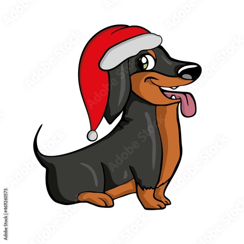 Christmas dog in santas hat with watercolor illustration . Vector illustration. 