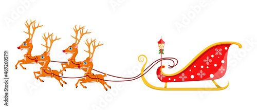 Beautiful Santa Clause empty sleigh running with reindeer on white background