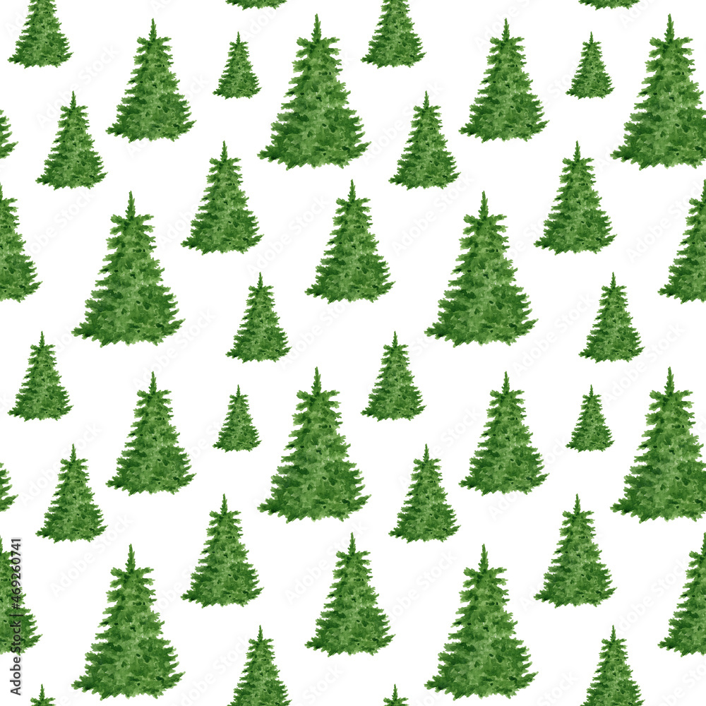 Watercolor spruce forest seamless pattern. Hand painted evergreen fir trees isolated on white background. Woodland repeated design for Christmas, winter cards, textile, wrapping paper