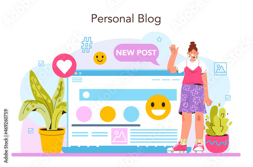 Blogger concept. Character sharing media content in the internet