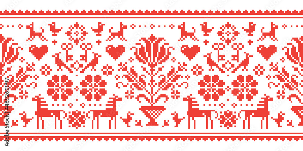 Traditional cross-stitch vector seamless folk art pattern with horses, flowers and birds - repetitive background inspired by German and Austrian ornaments
Traditional cross-stitch vector seamless folk art pattern with horses, flowers and birds - repetitive background inspired by German and Austrian ornaments