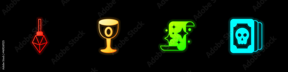 Set Magic stone, Medieval goblet, scroll and Tarot cards icon. Vector Set Magic stone, Medieval goblet, scroll and Tarot cards icon. Vector