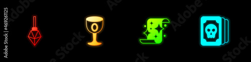 Set Magic stone, Medieval goblet, scroll and Tarot cards icon. Vector