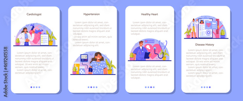 Cardiologist mobile application banner set. Idea of heart medical diagnostic
