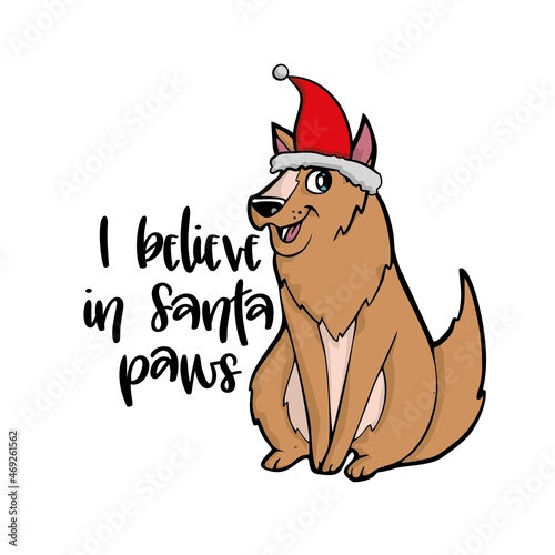 Christmas dog in santas hat with watercolor illustration . Vector illustration. 