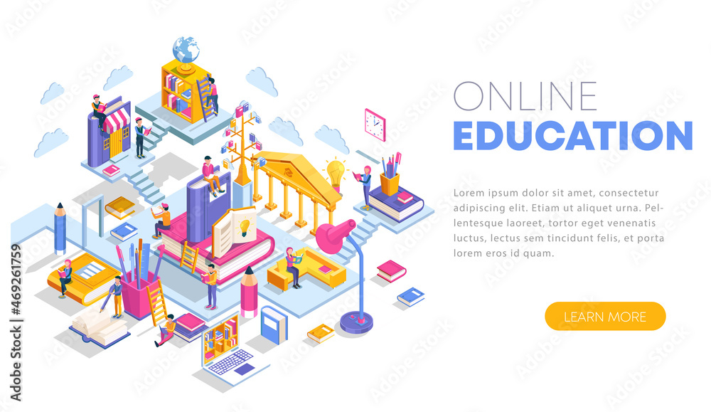 Modern flat design isometric concept of Online Education. Landing page template. Training courses, specialization, tutorials, lectures. Can use for web banner, infographics. 3D illustration