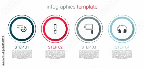 Set Electric circular saw, Chisel tool, Hacksaw and Headphones. Business infographic template. Vector