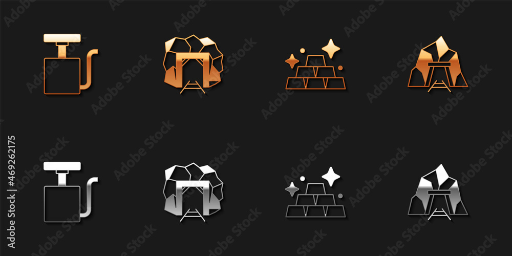 Set Handle detonator, Mine entrance, Gold bars and icon. Vector Set Handle detonator, Mine entrance, Gold bars and icon. Vector