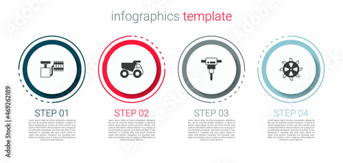 Set Handle detonator, Mining dump truck, Construction jackhammer and Bucket wheel excavator. Business infographic template. Vector