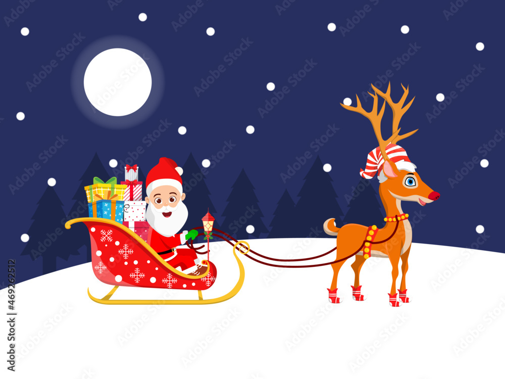 Fototapeta premium Cute beautiful Santa Clause character standing with sleigh with reindeer on snow field night background with moon trees night sky snow falling with gift boxes 