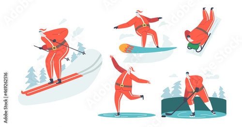 Set Santa Claus Winter Sport Activities Snowboard, Skiing, Sliding, Skating and Hockey Sport, Healthy Lifestyle