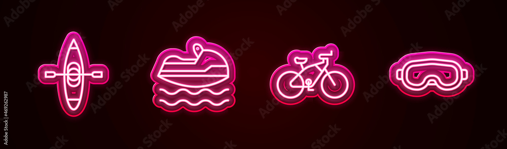 Set line Kayak or canoe, Jet ski, Bicycle and Ski goggles. Glowing neon icon. Vector