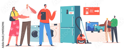 Family Buy Household Goods Concept. Married Couples Characters Purchase Appliances in Electronics Store with Consultant