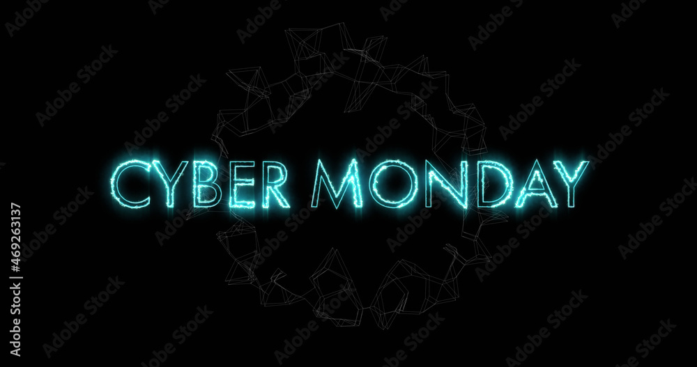 Image of cyber monday text over spinning network of connections on black background