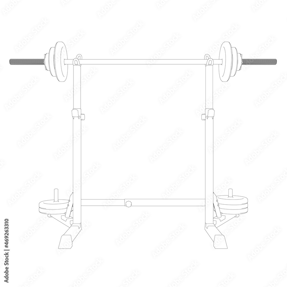 Contour of a barbell on a squat rack from black lines isolated on a white background. Front view. Vector illustration