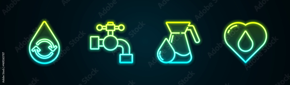 Set line Recycle clean aqua, Water tap, Jug glass with water and Heart drop. Glowing neon icon. Vector Set line Recycle clean aqua, Water tap, Jug glass with water and Heart drop. Glowing neon icon. Vector