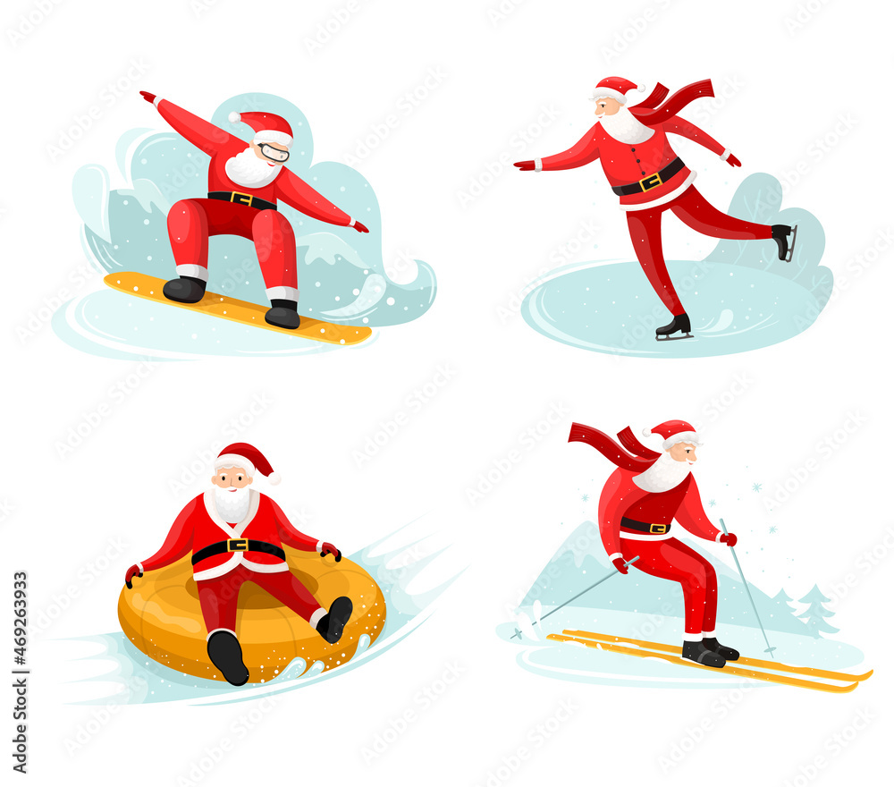 Santa Claus snowboarding, sliding from snowy hill on rubber circle. Skiing and ice skating character. Vector mixed media illustration isolated on white background. Winter sports.