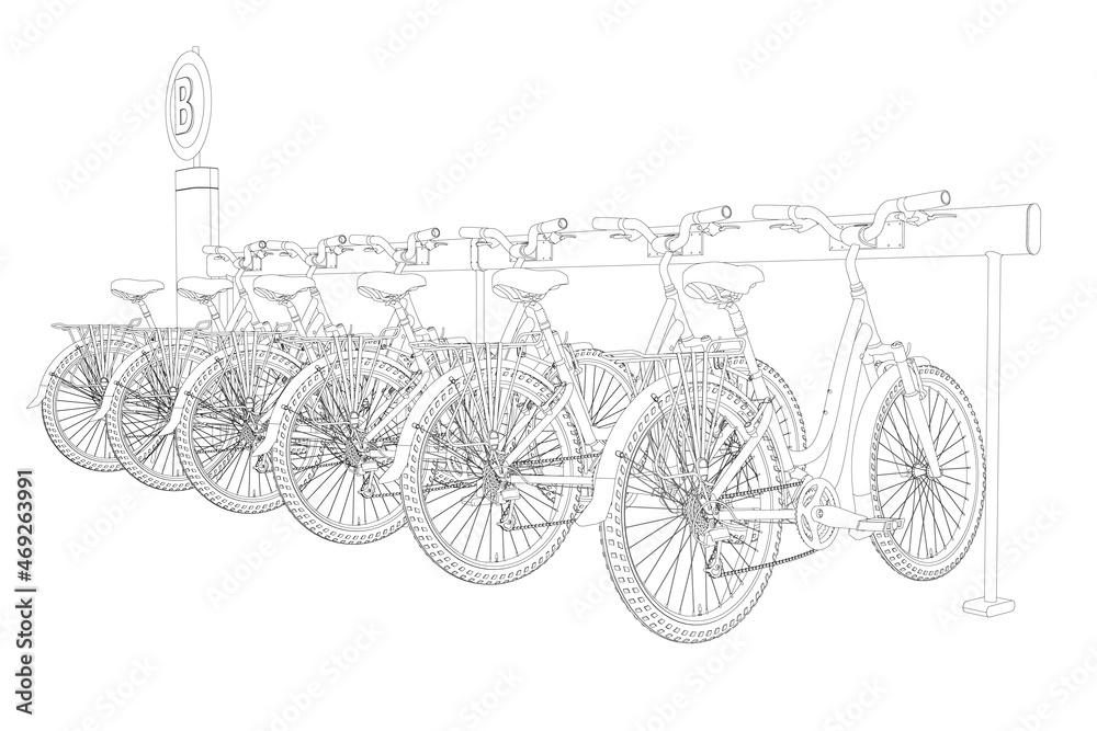 Bicycle parking contour from black lines isolated on white background. Six bicycles Vector illustration