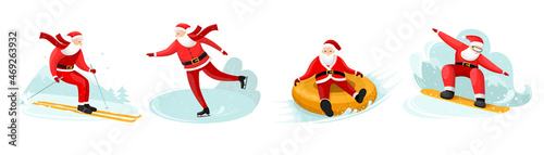 Santa Claus snowboarding, sliding from snowy hill on rubber circle. Skiing and ice skating character. Vector mixed media illustration isolated on white background. Winter sports.
