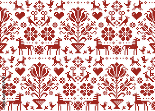 Retro cross-stitch vector pattern with horses, birds and flowers, background inspired by old German and Austrian style cross-stitch ornaments
