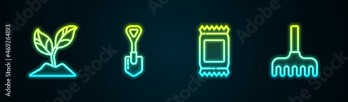 Set line Plant, Shovel, Fertilizer bag and Garden rake. Glowing neon icon. Vector