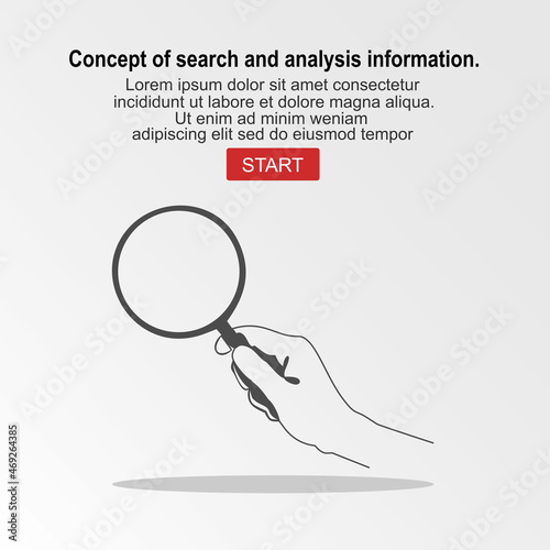 Close-up of person hands with magnifier glass. Concept of search and analysis information. Vector illustration in flat style.