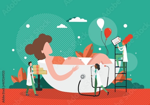 Pregnant woman giving childbirth in birth pool, flat vector illustration. Labour and delivery in warm water, pain relief