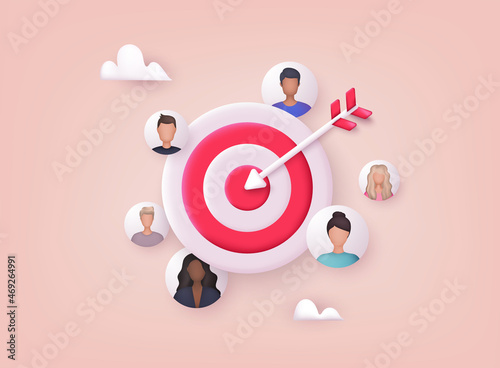 Target customer concept. Customer attraction campaign, accurate promo, advertising. 3D Web Vector Illustrations.
