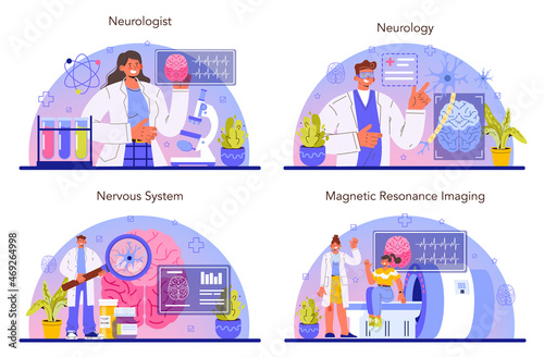 Neurologist concept set. Doctor examine human brain and nervous