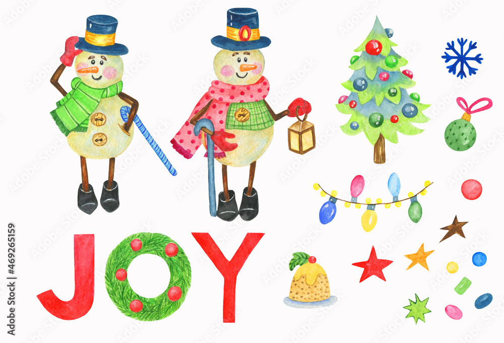 Hand drawn watercolor holiday christmas set with cute snowmen,christmas tree,pudding,garland and stars.