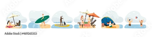 Summer beach activities set. People reading, sunbathing, SUP surfing, taking rest with tent, vector. Travel, vacation.