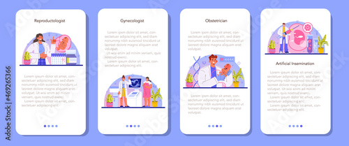 Reproductologist mobile application banner set. Gynecologist doctor