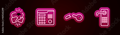 Set line Broken or cracked lock, House intercom system, key and Digital door. Glowing neon icon. Vector