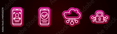 Set line Mobile and face recognition, Smartphone, Internet of things and Cyber security. Glowing neon icon. Vector