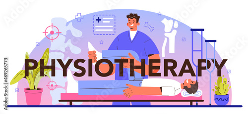 Physiotherapy typographic header. Doctor helping patients during physio therapy