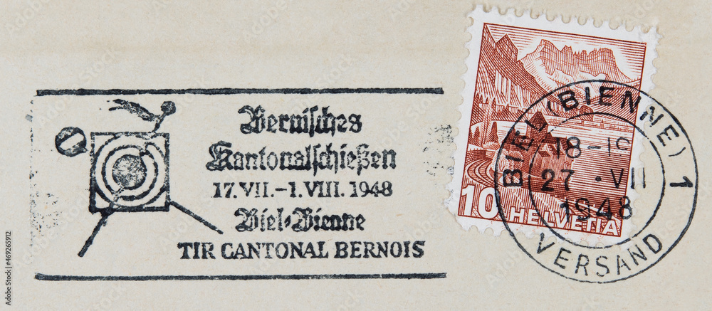 briefmarke stamp vintage retro alt old used gebraucht frankiert gestmpelt cancel schweiz helvetia swiss switzerland slogan werbung bernisches kantonalschießen bern Biel Bienne damm see braun 1948