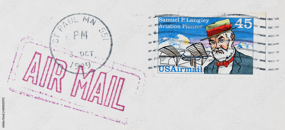 briefmarke stamp vintage retro alt old used gebraucht frankiert gestmpelt cancel airmail luftpost air mail usa amerika america st paul Minnesota 1989 Samuel P. Langley aviation pioneer 45 Flugzeug