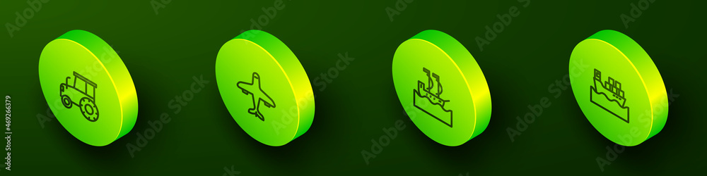 Set Isometric line Tractor, Plane, Sailboat and Cargo ship with boxes icon. Vector