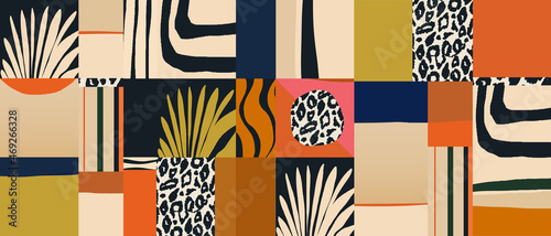 Hand drawn trendy geometric abstract print with leopard skin. Colorful modern collage pattern. 