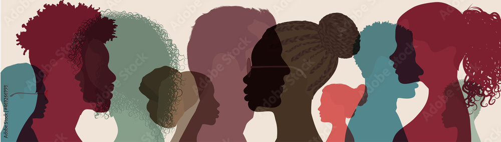 Silhouette group people of different culture. Harmony organization partnership cooperation friendship and teamwork in a Society or community of people of diverse and multicultural races - obrazy, fototapety, plakaty 