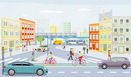 Stadtsilhouette mit Strassenkreuzung in einer Stadt und Menschen auf dem Bürgersteig, Illustration