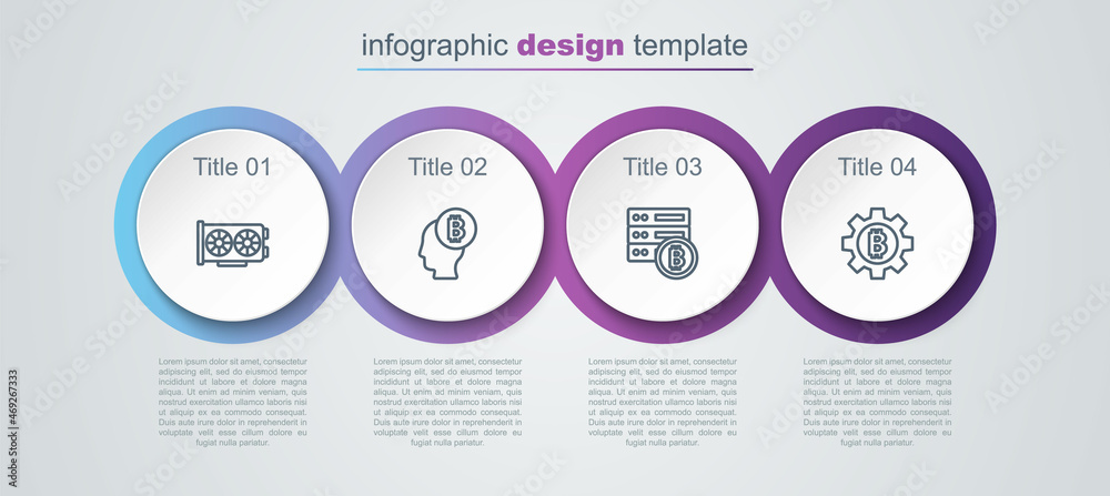 Set line Video graphic card, Bitcoin think, Server bitcoin and Cryptocurrency. Business infographic template. Vector Set line Video graphic card, Bitcoin think, Server bitcoin and Cryptocurrency. Business infographic template. Vector