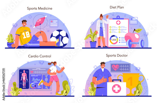 Sport therapy concept set. People doing sport exercise in gym