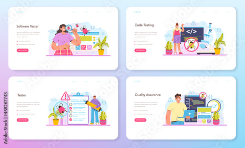 Software tester web banner or landing page set. Application or website