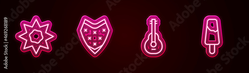 Set line Sun, Poncho, Mexican guitar and Popsicle ice cream. Glowing neon icon. Vector