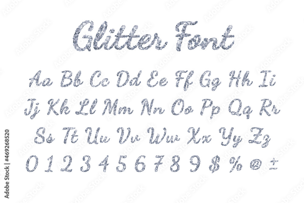 Silver glitter holiday font on white background. Vector