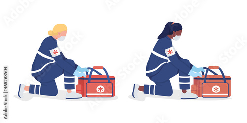Emergency department personnel semi flat color vector characters set. Full body people on white. Packaging survival kit isolated modern cartoon style illustrations for graphic design and animation