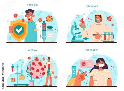 Virologist concept set. Scientist studies viruses and bacteria in a laboratory.
